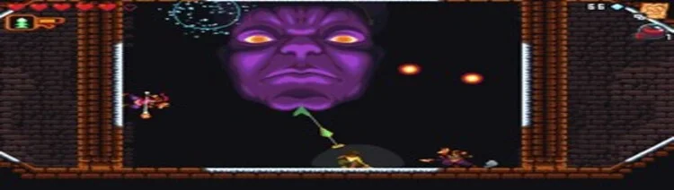 Gameplay de Dandara com visual em pixel art, mostrando a personagem em confronto com inimigos em ambiente surreal.