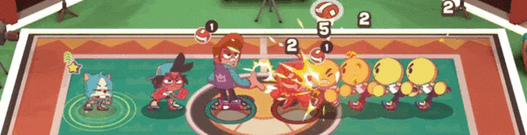 Personagem Otto se preparando para lançar uma bola de dodgeball em um adversário, em um campo colorido e cheio de energia.