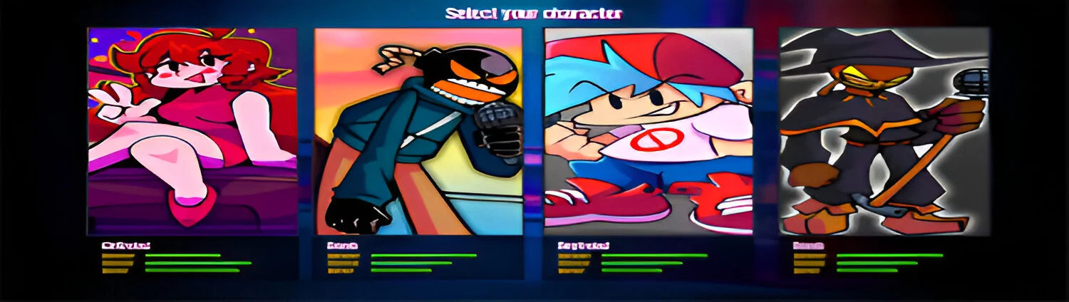 Tela do jogo Friday Night Fightin mostrando os personagens disponíveis para escolha, com destaque para as opções de luta.