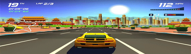 Imagem de corrida em Horizon Chase Turbo, com um carro esportivo em alta velocidade e visual retrô inspirado nos anos 80 e 90.