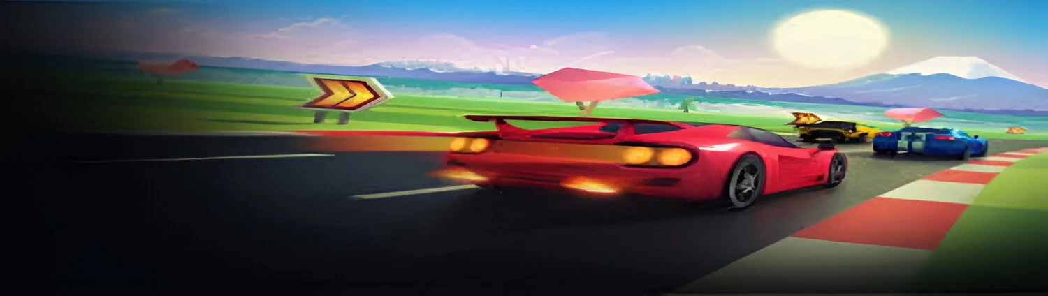 Tela mostrando a ação de corrida em Horizon Chase Turbo, com veículos competindo em uma pista com efeito de néon e cores vibrantes.