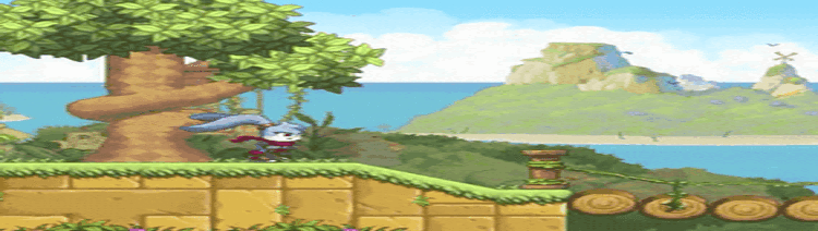 Cena de gameplay de Kaze and the Wild Masks mostrando Kaze saltando em uma plataforma com fundo colorido de floresta.