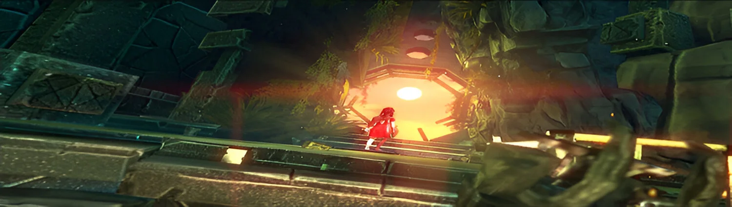 Moonchild em um momento de contemplação, com o cenário místico e simbólico de Toren ao fundo.