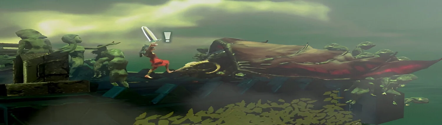 Cena de gameplay de Toren, mostrando Moonchild escalando a torre enquanto enfrenta desafios e perigos.