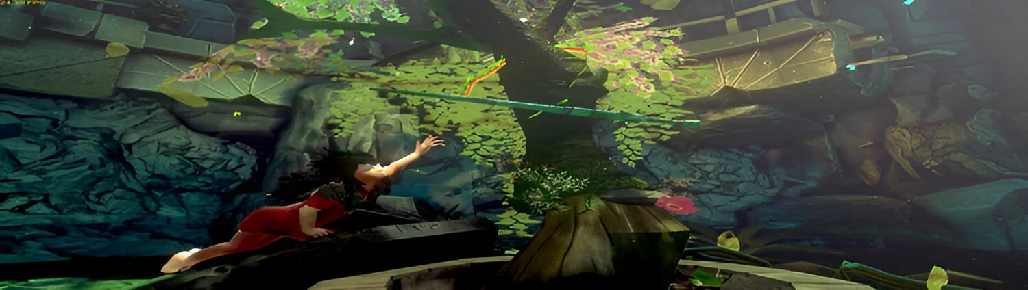 Momento de ação em Toren, com Moonchild enfrentando um desafio físico em um ambiente enigmático e surreal.