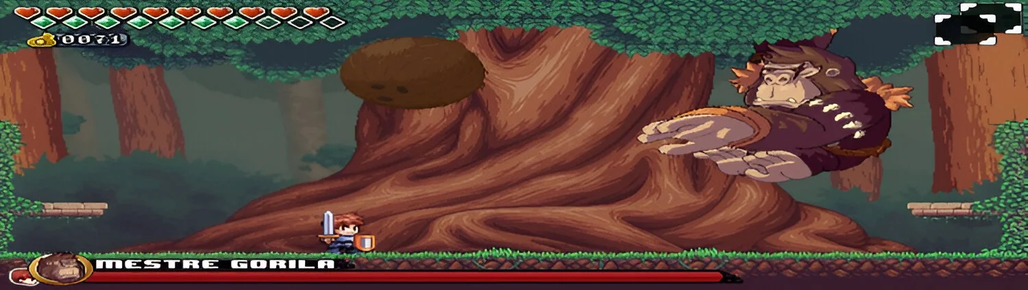 Cena de gameplay de A Lenda do Herói, com o protagonista enfrentando um inimigo.