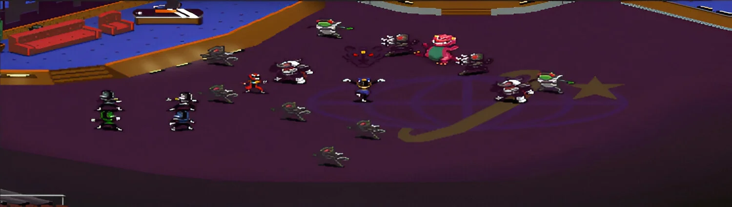 Cena do estúdio de TV, onde o time de heróis grava seu show em Chroma Squad.