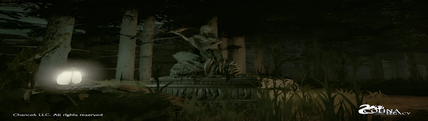 Cena de gameplay de Colina: Legacy, mostrando Alex explorando uma casa sombria e cheia de mistério.